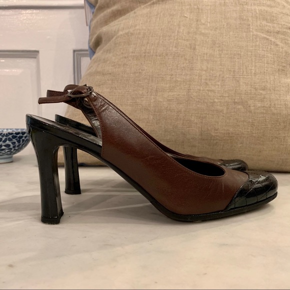 Chanel slingback heels brown black US sz 8 1/2 - 9 - Picture 1 of 7